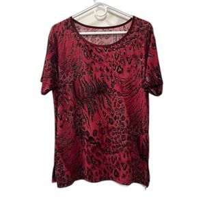 Mary Lides Red Black Gold Scoop Neck Animal Print Short Sleeve Top Size Large